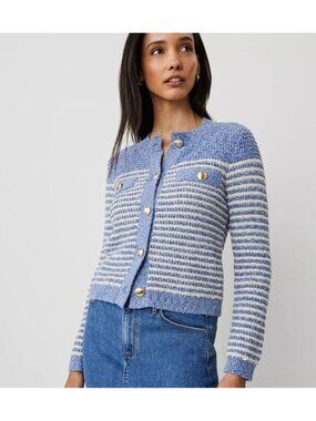 Ann Taylor New$149.00 Blue Tinsel Metallic Striped Sweater Cardigan Jacket Top L